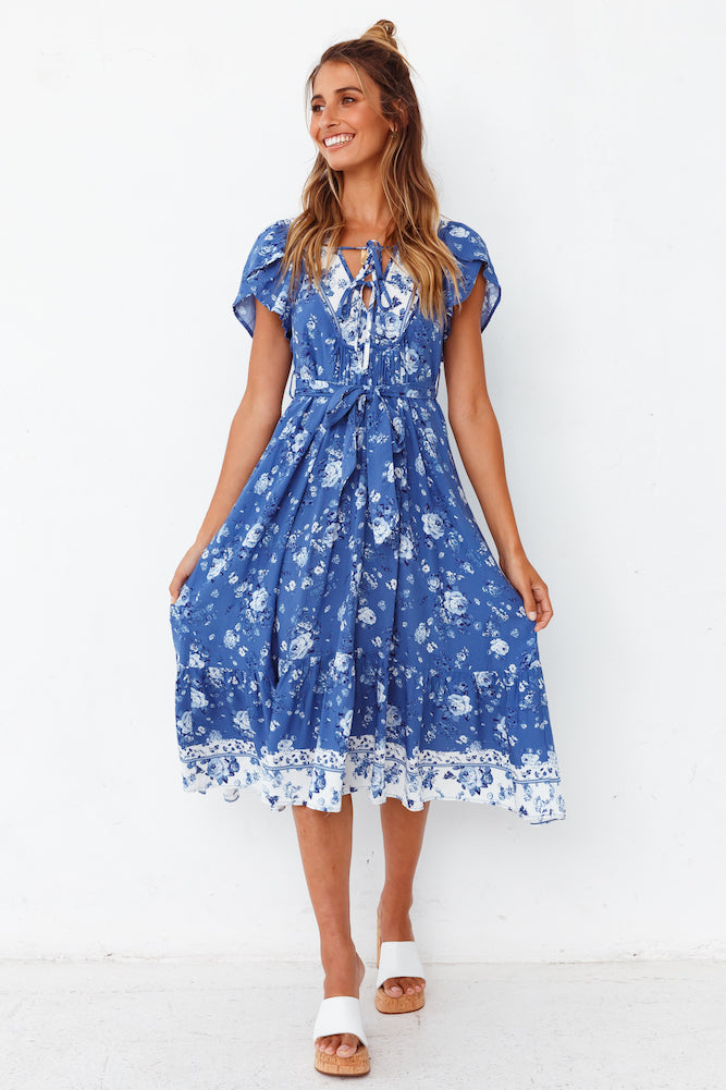 Wind Flower Midi Dress Blue